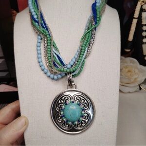 Turquoise & Green Multi-Strand Pendant Necklace